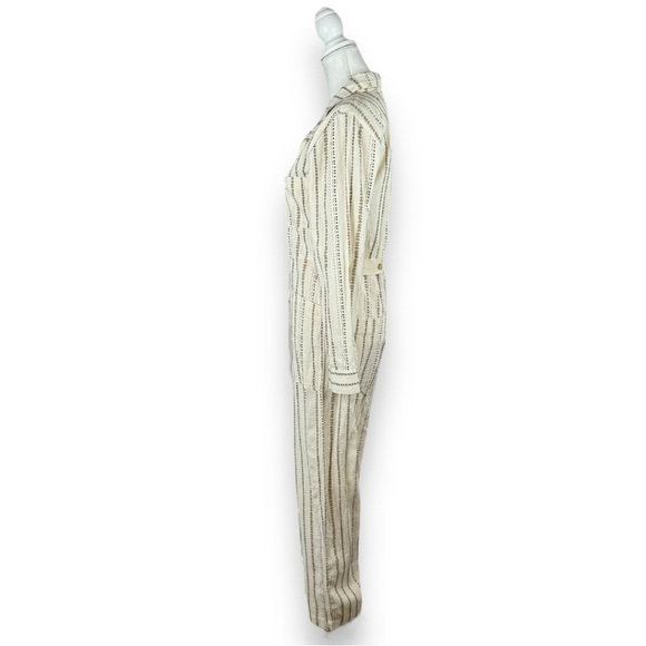 Free People Gia Jumpsuit in Neutral Ivory Tan  Stripe Long Sleeve Button Front - Picture 5 of 13